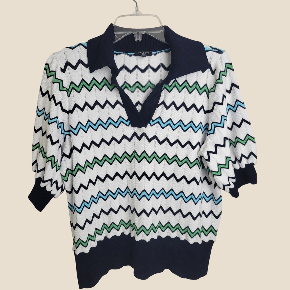 Talbots Polo Sweater Chevron Knit Preppy Coastal Grandmother Navy White Green Lp